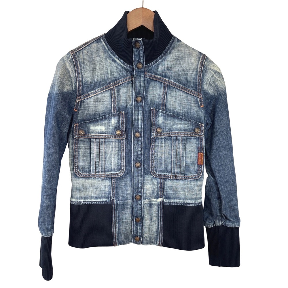 Vintage USA Made 7 For All Mankind Y2K Denim Bomber Jacket M Blue Indie Grunge